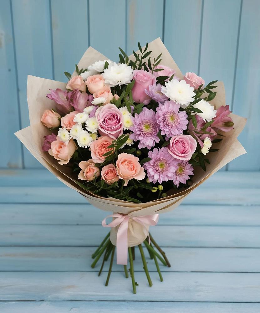 Букет цветов из: Хризантемы, Розы и Альстромерии в Урвани