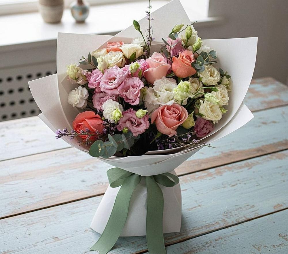 Букет цветов из: Розы, Лизиантусы и Гвоздики в Урвани