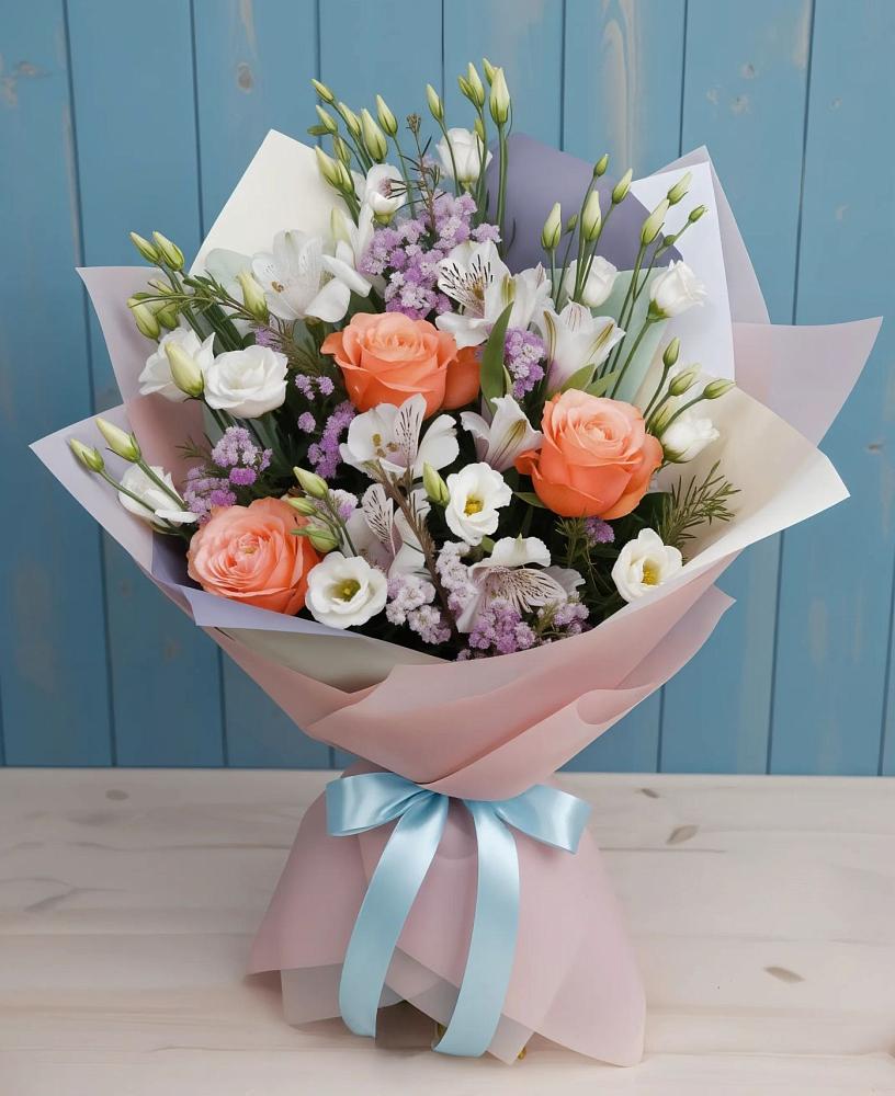 Букет цветов из: Лизиантусы, Розы, Альстромерии и Гипсофила в Урвани