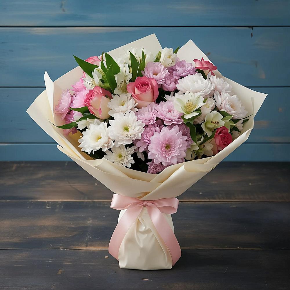 Букет цветов из: Хризантемы, Альстромерии и Розы в Урвани